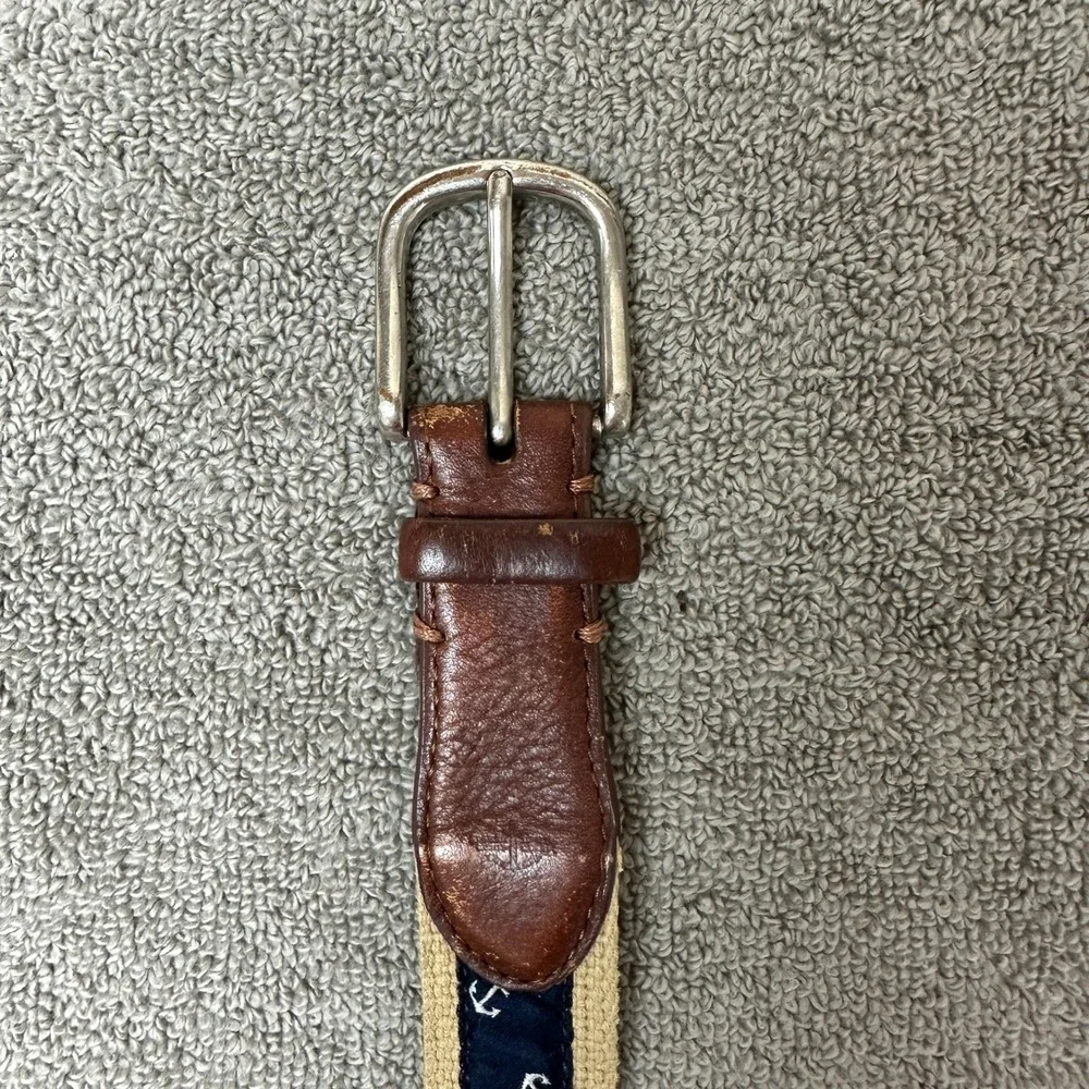 Dockers Mens Nautical Anchor Fabric Leather Trim Belt Navy Tan Brown Size 44